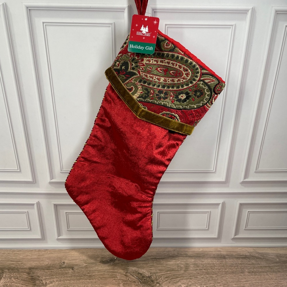 Luxury Red Paisley Christmas Stocking Holiday Gift Velvet Trimmed Festive Decor